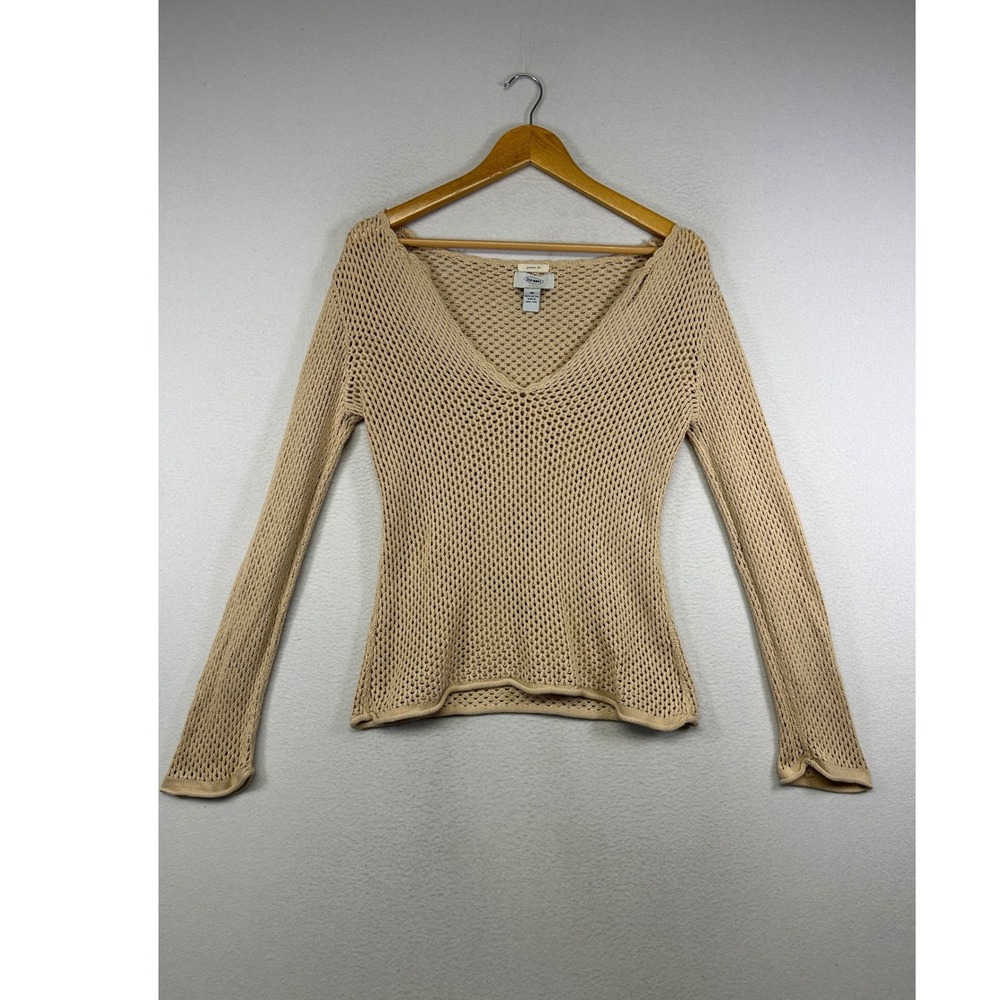 Y2K Crochet Old Navy Women M Tan V-Neck Open Knit Long Sleeve Cotton Sweater